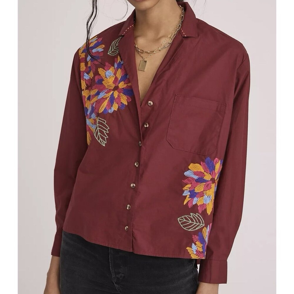 Anthropologie Maeve Embroidered Button Down Size 0 Cotton Floral Boho Purple